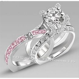 Size 5-10 Luxury Jewelry 10kt white gold filled Pink Cubic Zirconia Women Wedding Engagement Ring set gift choucong