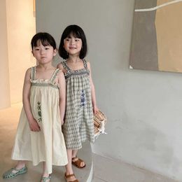 Children Girls Summer Dress for Kids Sling Checked Cotton Casual Clothing Toddler Korean Gardon Embroidery Clothes 210529