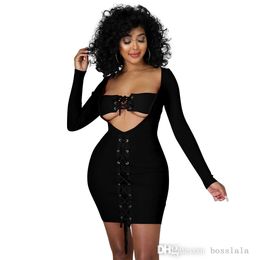 Women Casual Dress Spring New Thread Corns Lace Up Slim Sexy Skirt Long Sleeve Hollow Out Dresses 2022