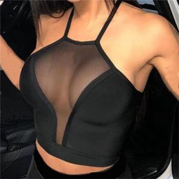 Sexy mesh crop top Summer Women Casual Tank Top Vest Blouse Sleeveless Sport Crop s Shirt See-through Transparent 210607