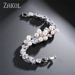 ZAKOL Trendy Marquise CZ Zirconia Imitation Pearl Leaf Bracelets & Bangles For Women Wedding Dress FSBP132