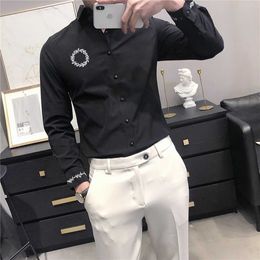 Embroidery Men's Shirts Black White Business Formal Dress Shirts Long Sleeve Slim Casual Social Blouse Streetwear Party Clothes 210527