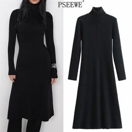 Black Long Knitted Dress Women Winter Warm Sleeve Midi Sweater Woman Ribbed Knit A Line Casual es 210519