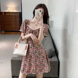 Summer Korean Style Elegant Dress Vintage Floral Print High Waist Short Sleeve Fashion Casual Dresses 210529