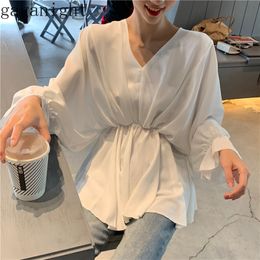 Gaganight Sumer Fashion Women Chiffon Blouse Long Sleeve V Neck Ruffles Casual Loose Solid Shirt Office Lady Chic Blouses Korean 210519