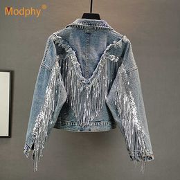Denim Jacket Female Light Blue Sequins Tassel Coat Single-Breasted Women Jeans Spring Autumn Fashion Clothing 210527
