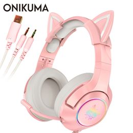 Pink Cat Ear Headset Girls casque Wired Stereo Gaming Headphones with Mic & LED Light Laptop/ PS4/Xbox One Controller