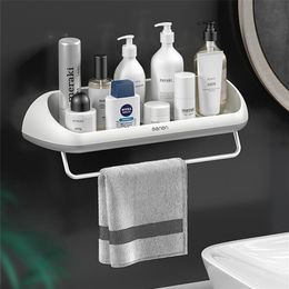 Punch-free Bathroom Shelf Shampoo Cosmetic Shower Wall Mounted Kitchen Storage Rack Towel Bar Acccessories 210423