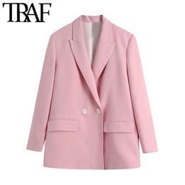 TRAF Women Fashion Double Breasted Loose Fitting Blazers Vintage Long Sleeve Pockets Female Outerwear Chic Veste Femme 211019