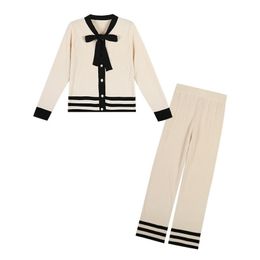 Women Striped Sweater Suit Sets Knitted Cardigans Pants Set Tracksuits Bow Tie Collar Sweater Top + Wide leg Pant 2 Piece Suit 210522