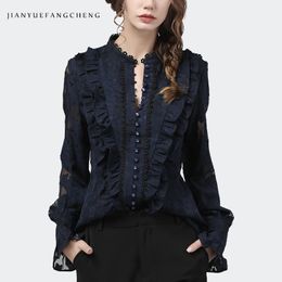 Flared Sleeve Lace Tops Women Autumn New Fashion Long Sleeved Ruffles Mesh Shirts Loose Plus Size Female Causal Office Blouses 210317