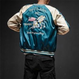 Two Sides Luxury Embroidery Bomber Jacket Smooth Men Sukajan Yokosuka Souvenir Streetwear Hip Hop Baseball 211110