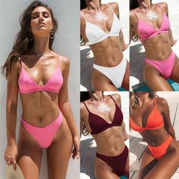 Thong Bikini Set Women Swimwear Pure Color Push Up Padded Swimsuit Biquini Bathing Suit Summer Beachwear 210722
