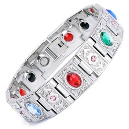 Link, Chain 316L Stainless Steel Bracelet Men Health Care Power Therapy 4 In 1 Magnet Stone Bracelets For Women Shiny CZ Jewelry Accessories