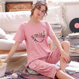 Summer Cartoon Cotton Pyjamas Set Women Pyjamas Sleepwear Nightwear Pijama Mujer Home Wear Plus size Calf-Length Pants Nightsuit 210830