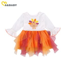 1-6Y Thanksgiving Day Toddler Kid Girls Tutu Dress Cute Turkey Long Sleeve Tulle Party Dresses For 210515