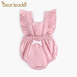 Bear Leader Baby Girls Summer Rompers Fashion Toddler Ruffles Sleeveless Clothing born Bowtie Clothes Infant Overalls 210708