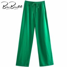 BlingBlingee Za Chic Summer Thin Straight Casual Green Pants Women Trousers Fashion Drawstring Elastic Long Female 210915
