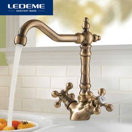 LEDEME Europe Style Basin Kitchen Faucet Total Brass Bronze Finished Swivel Bathroom Faucet Mixer Tap Sink Tap 360 Degree L4019C 210719