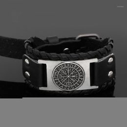 Nodic Viking Vegvisir Compass Leather Amulet Odin Symbol Bracelet -adjustable Size 19-25 Cm Bangle