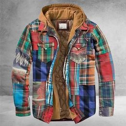 Men Retro Vintage Spring Winter Long Sleeve Plaid Shirt Jacket For Checked Coat Overcoat Hooded Pocket 211008