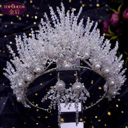 -Casamento tiara brincos conjunto barroco bela coroa noiva prata senhoras jóias diamante coroas noiva acessórios de casamento coroa estilo europeu estilo retro palácio