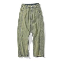 Men's Jeans Fashion Retro Straight Men Casual Loose Baggy Cowboy Denim Pants Grass Green Vintage Trousers Streetwear Clothing