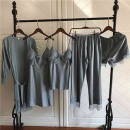 MECHCITIZ 5 pieces silk Pyjamas sets women satin sleepwear robe pants autumn pijamas bathrobe sexy lingerie lace winter pyjamas 210831