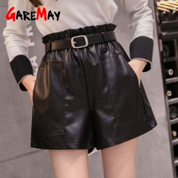 fall winter women's leather shorts khaki black high waist korean style plus size PU female for 210428