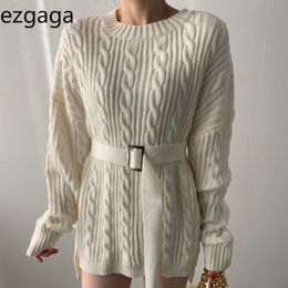 Ezgaga Autumn Winter Sweater Dress Women Korean New Outwear Warm Long Sleeve Sashes Ladies Knit Dress Elegant Vestidos 210430