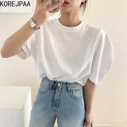 Korejpaa Women T-shirt Korea Summer Simple Basic Round Neck Loose & Versatile Casual Solid Color Bubble Sleeve White Tee Top 210526