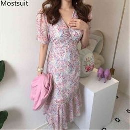 Summer Elegant Korean Printed Mermaid Dress Women Short Sleeve V-neck Belted Slim Long Dresses Vintage Fashion Vestidos 210513