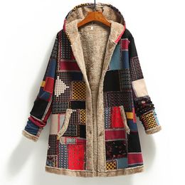Women's Wool & Blends Winter Vintage Women Coat Warm Printing Thick Fleece Hooded Long Jacket With Pocket Ladies Outwear Plus Size For 2021