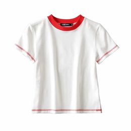 Summer T Shirt Women Simple Solid O-Neck Red Neckline Match Basic Harajuku Camisetas Verano Mujer 210520