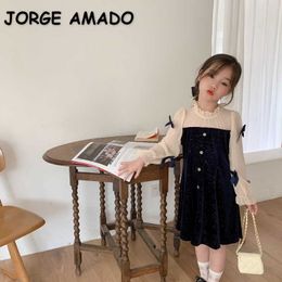 Korean Style Spring Girls Dress Velvet Puff Bow Sleeves Princess Dresses Children Clothes E198 210610