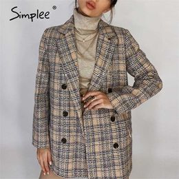 Elegant autumn winter plaid women blazer coat Causal long sleeve tweed short Office ladies pocket suit 210930
