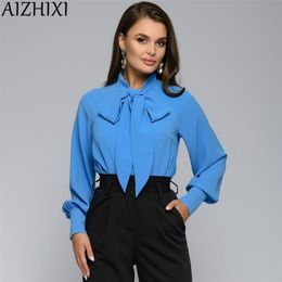 AIZHIXI Ladies Bow Tie Shirt Autumn Lantern Sleeve Casual Tops and Blouses Women Solid Long Sleeve Office Blouse Vintage Blusas 210323