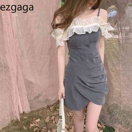 Ezgaga Summer New Mini Dress Women Short Sleeve Off Shoulder Ruffles Mesh Patchwork Sexy Bodycon Lady Korean Fashion Dress 210430