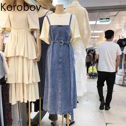 Korobov Summer New Arrival Women Denim Dress Preppy Style Streetwear Dresses Vintage High Waist Button Vestidos Mujer 210430