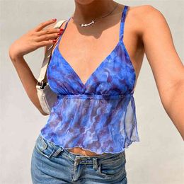 OMSJ Smmer Fantasy Sexy Backless Sling Thin Tank Top Blue Starry Sky Ripple Print Contrast Color See Through Lace-up Street Tops 210517