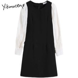 Yitimuceng Patchwork Folds Zipper High Waist Mini Vintage Dresses Women O-Neck A-Line Long Sleeve Spring Fashion Dress 210601