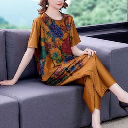 summer High End Silk Clothe's Two Piece Suit Short Sleeve printed T-shirt Tops+ wide leg pants suit 210531