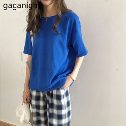 Korean Style Girls Summer Basic T-Shirts Solid Loose Regular Short Sleeve O-Neck Slim Women Top Cotton Office Lady 210601