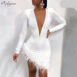 High Quality Autumn Women's Dress White V-neck Long Sleeve Feather Hem Rayon Bandage Sexy Party 210525