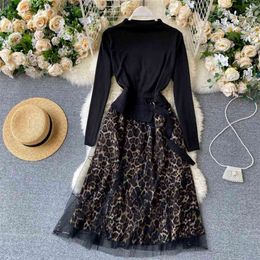 Women Autumn Dress Urban Leopard Mesh Patchwork Design Long-Sleeved Turtlenec Fake Two-Piece Stitching Female Vestidos GK450 210507