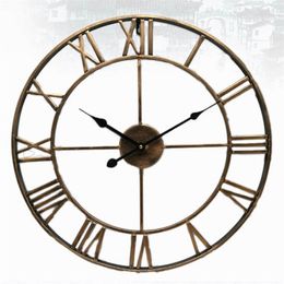 40/47CM Nordic Metal Roman Numeral Wall Clocks Retro Iron Round Face Black Gold Large Outdoor Garden Clock Home Decoration 210325