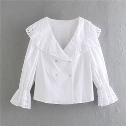 Spring Hollow Out Women Blouse Causal Fashion Lapel Flare Sleeve Loose Female Tops 210430