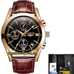 LIGE eternity LG9839 Sport Mens Watches Date Black Dial Japan VK Quartz Chronograph Movement Men Watch alloy Rose Gold Case Brown Leather Strap