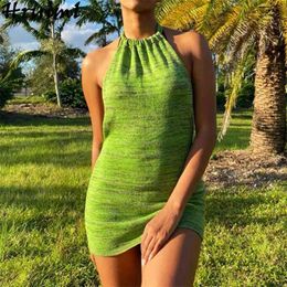 Knitted Summer Woman Dress Fashion Halter Sleeveless Sexy Bodycon Mini Backless Solid Beach Holiday Bandage es 210513