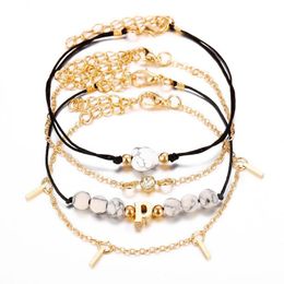 Gold Color Stone Beaded Bracelets Set For Women Fashion Multilayer Strand Chain Bangles Heart Crystal Charm Jewelry Bangle